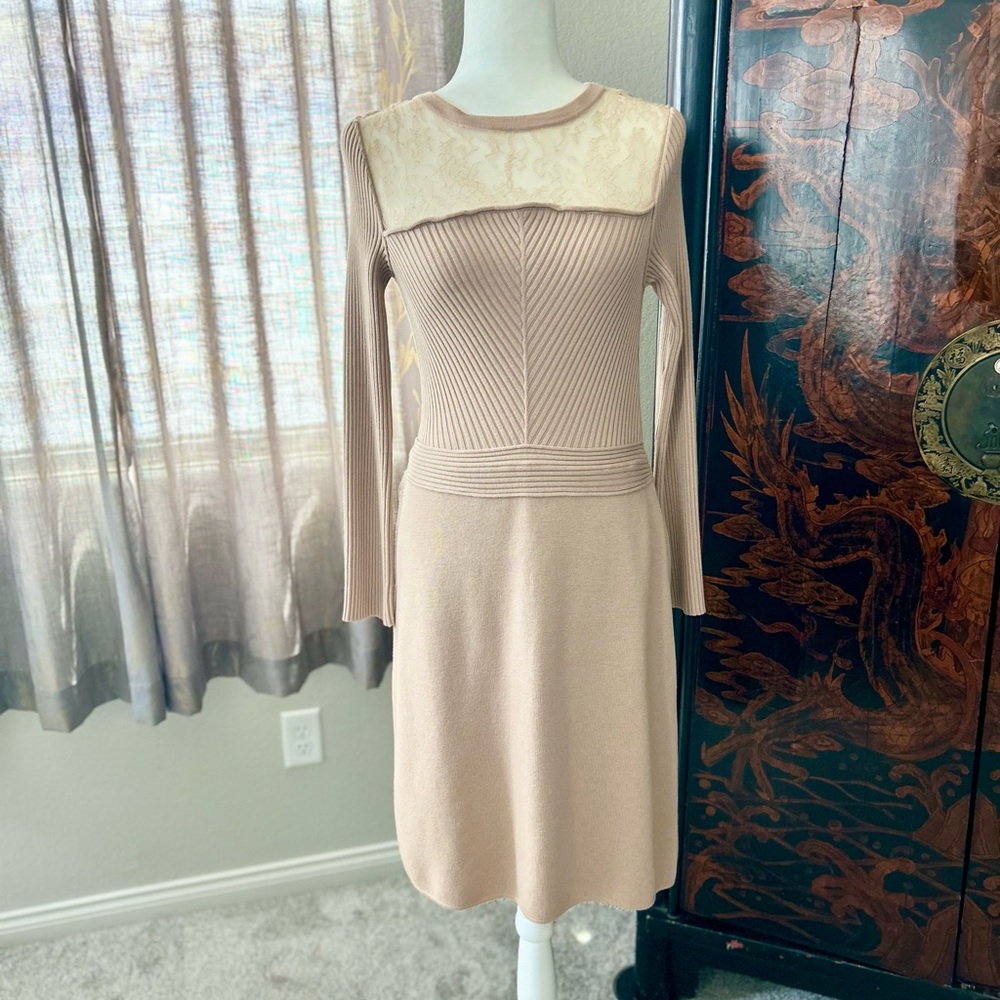 Valentino Cream Sheath Dress with Long Sleeves and Lace Crew Neck